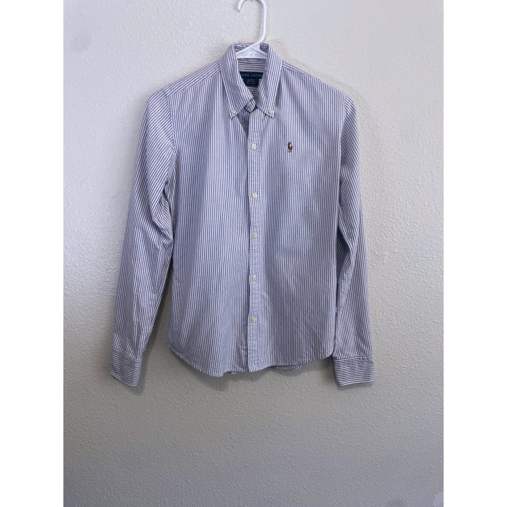 Ralph Lauren Button Down Shirt Women 2 Blue White Striped Slim Fit Excellent